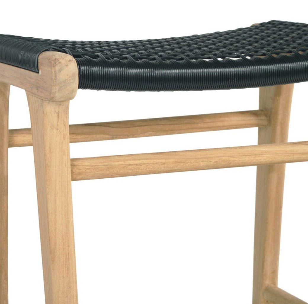 Wooden stool with black woven seat on a white background