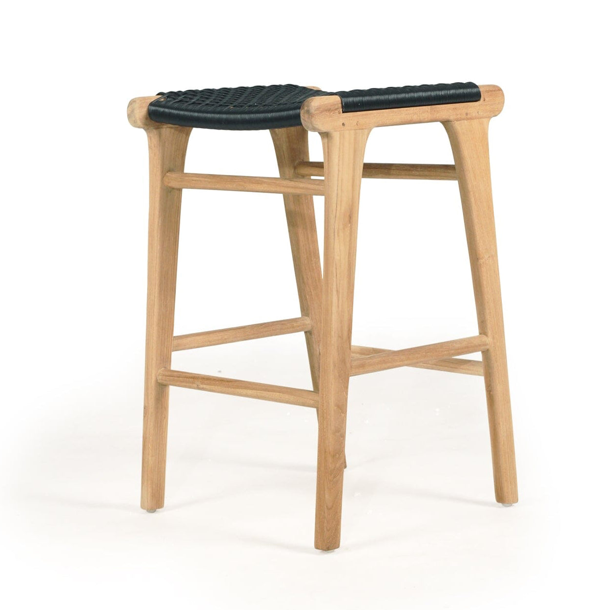 Wooden bar stool with black woven seat on a white background