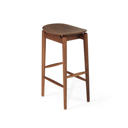 A mid-century modern wooden bar stool with a curved seat, brown wood legs, and a footrest, shown on a white background.