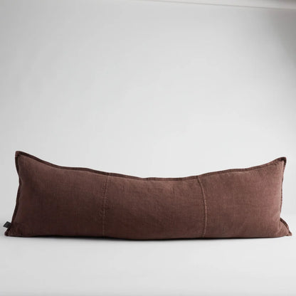 A long, rectangular lumbar pillow in a textured brown fabric, shown against a plain light gray background.