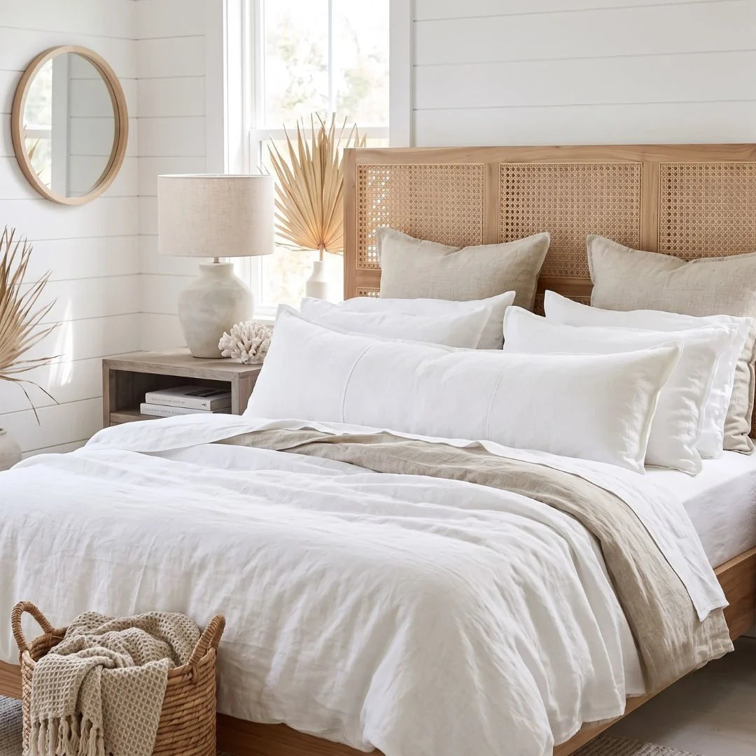A neatly made bed in a bright, neutral-toned bedroom featuring white bedding, a beige throw blanket, a light wood bed frame with woven cane panels, matching pillows, a bedside table with a lamp, and a round mirror.
