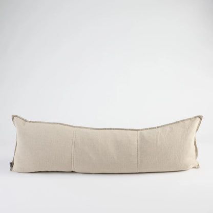 A rectangular lumbar pillow in a light beige linen fabric, shown against a plain white studio background.