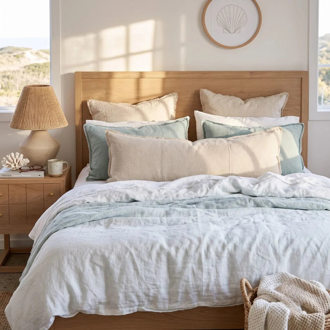A neatly made bed in a bright bedroom, styled with white and pale blue bedding, cream pillows, a wooden headboard, a bedside lamp, and a woven basket with a knit blanket.