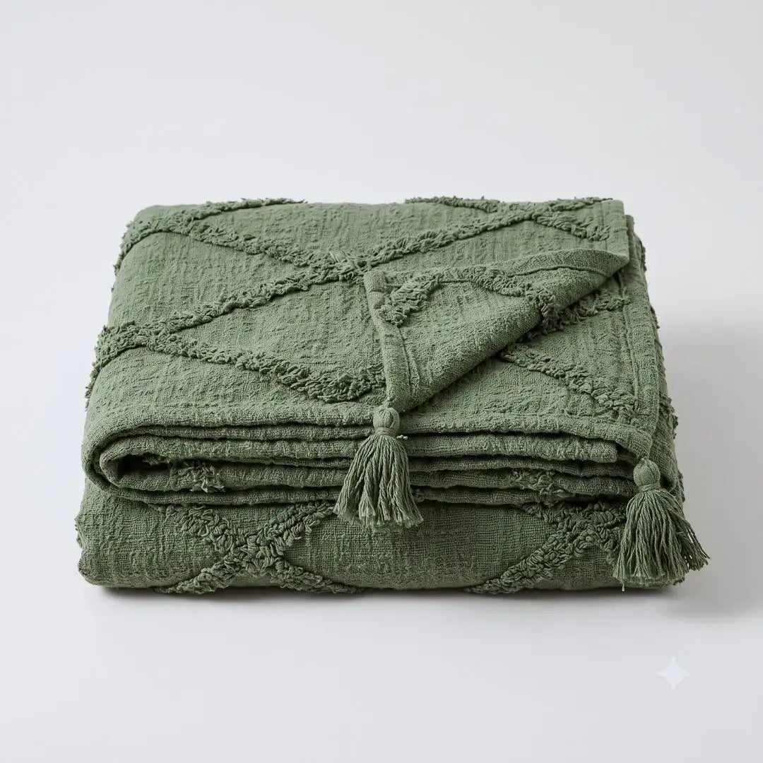 An olive green textured throw blanket with a diamond quilted pattern and matching tassels, folded neatly on a light gray background.