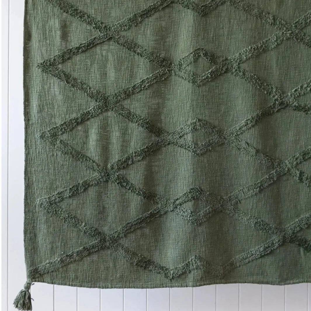 An olive green textured fabric panel with a raised geometric diamond pattern and a tassel at the bottom, shown against a white paneled background.