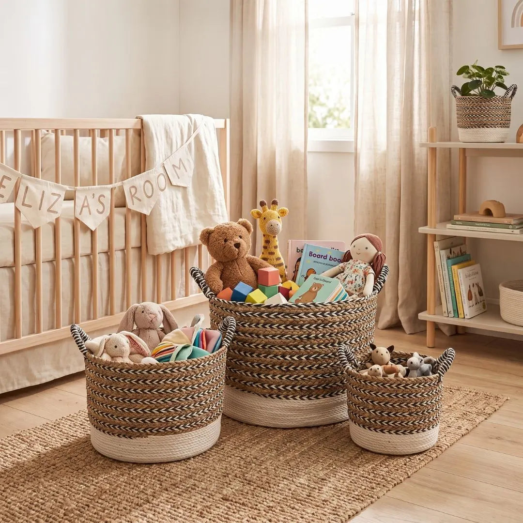 Three woven storage baskets in different sizes arranged on a rug in a softly styled nursery. The baskets contain stuffed toys, books, and colorful blocks.
