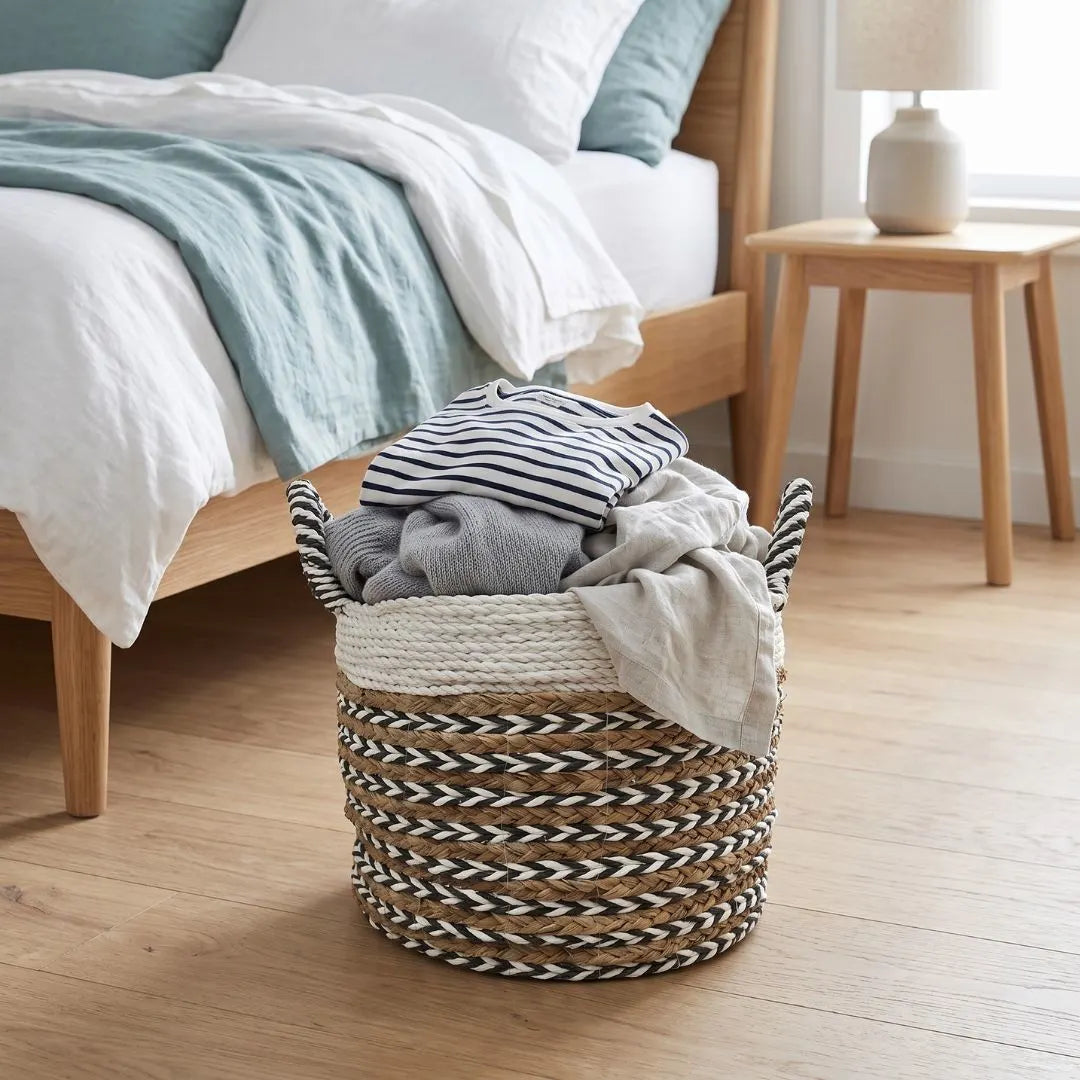 A round woven laundry basket with black and natural brown handles sits on a light wood floor next to a bed with white and teal bedding. The basket is filled with folded clothes, including a striped shirt and a gray knit sweater.