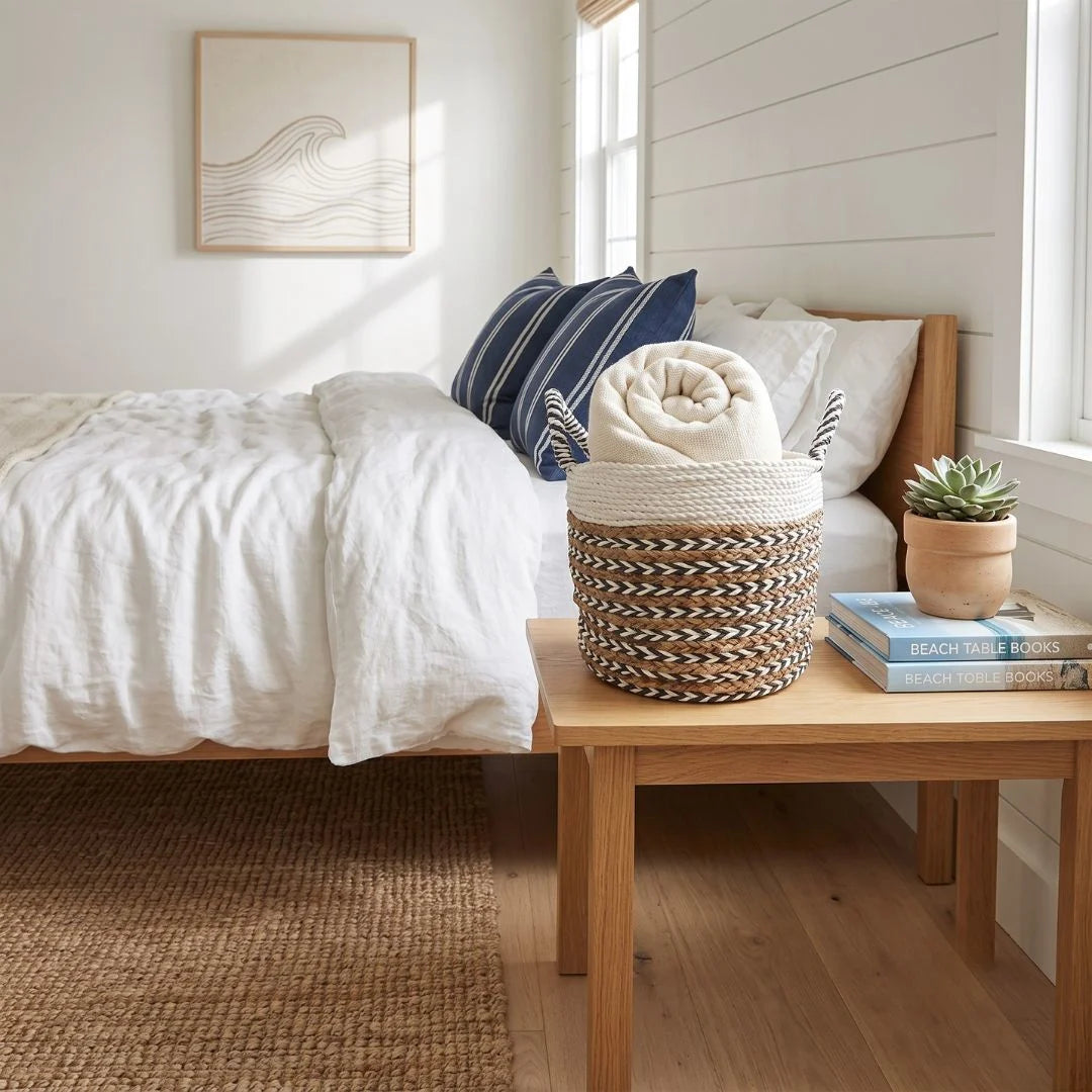 A woven round storage basket filled with folded white linens sits on a light wood bedside table in a bright, modern bedroom setting.