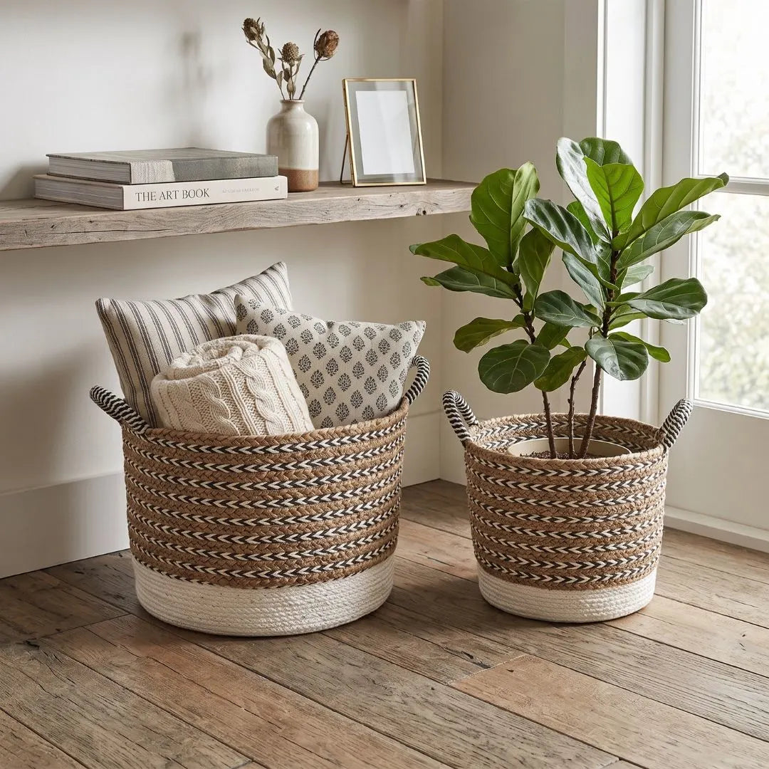 Two woven storage baskets with black-and-white striped handles are shown in a styled room setting. One basket contains striped and patterned throw pillows and a folded cream knit blanket, while the other holds a green potted fiddle-leaf fig plant.