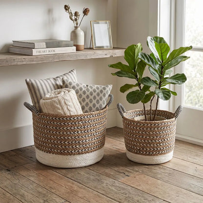 Two woven storage baskets with black-and-white striped handles are shown in a styled room setting. One basket contains striped and patterned throw pillows and a folded cream knit blanket, while the other holds a green potted fiddle-leaf fig plant.