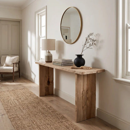 A rustic wooden console table in a bright, modern entryway. The table has a thick, natural wood top and two thick, blocky legs.