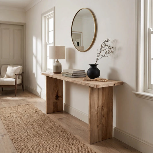 A rustic wooden console table in a bright, modern entryway. The table has a thick, natural wood top and two thick, blocky legs.
