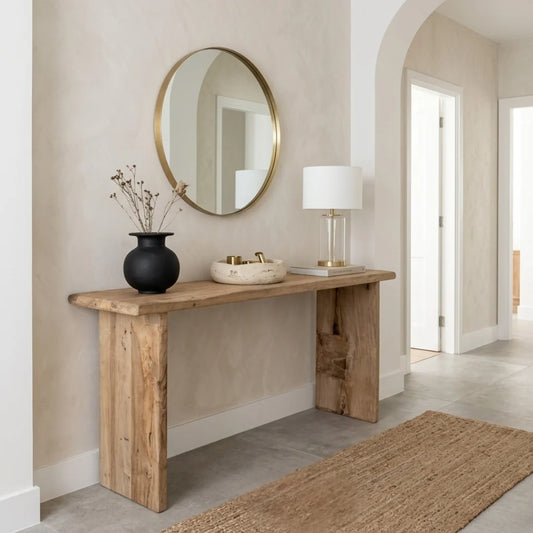 A rustic rectangular wooden console table with a thick natural wood top and blocky legs, styled in a modern entryway with a round gold-framed mirror, black vase, and white table lamp.