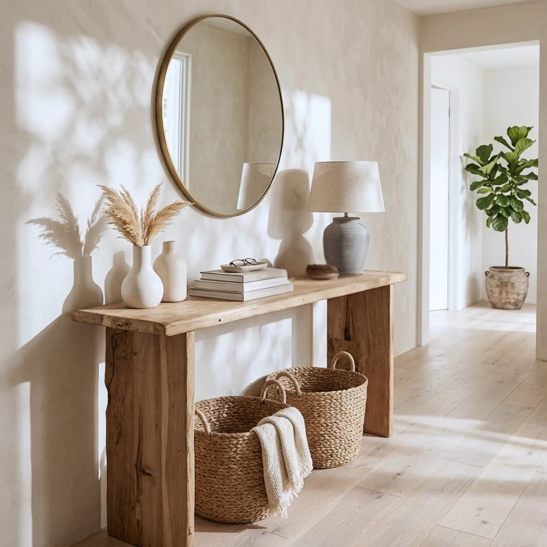 A rustic wooden console table styled in a bright, modern entryway with a round wall mirror, white ceramic vases, a gray ceramic lamp, books, and two woven storage baskets on the floor.