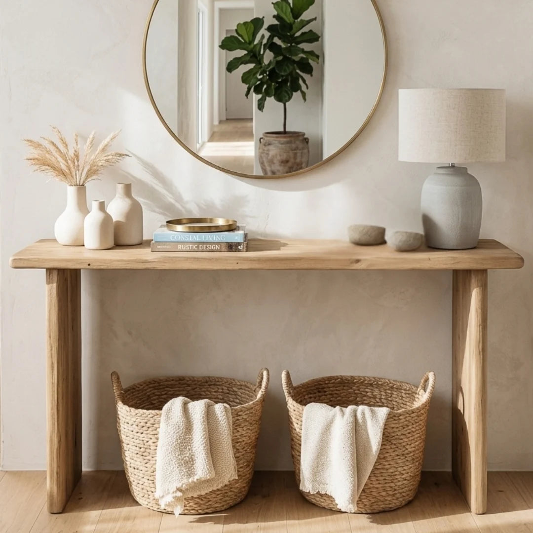 A light natural wood console table styled in a bright, neutral room with a round gold-framed mirror, a potted plant, a table lamp, white ceramic vases, books, and two woven storage baskets with cream towels underneath.