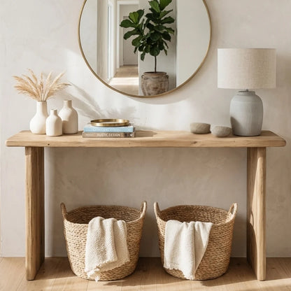 A light natural wood console table styled in a bright, neutral room with a round gold-framed mirror, a potted plant, a table lamp, white ceramic vases, books, and two woven storage baskets with cream towels underneath.