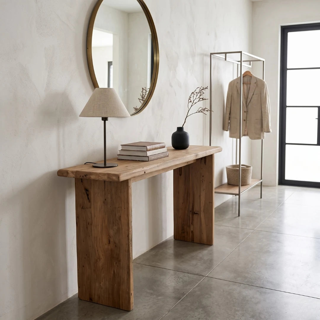 A rustic wooden console table in a modern, minimalist room with a textured white wall, a large round mirror, a table lamp, books, and a vase. In the background, a minimalist metal clothing rack holds a beige blazer.
