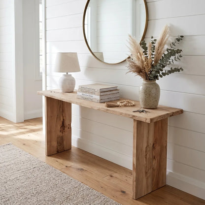 A rustic wooden console table with thick block legs and a slatted top, styled in a bright room with a white shiplap wall, a round mirror, a table lamp, books, and a vase with dried grasses.