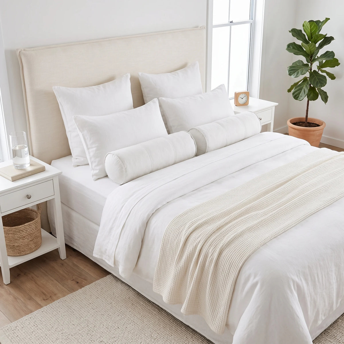 A neatly made bed in a bright bedroom setting, dressed in white bedding with multiple white pillows, a cylindrical bolster pillow, and a cream ribbed throw blanket. The bed has a tall upholstered headboard and is flanked by white bedside tables with small decor items, a window, and a potted green plant.