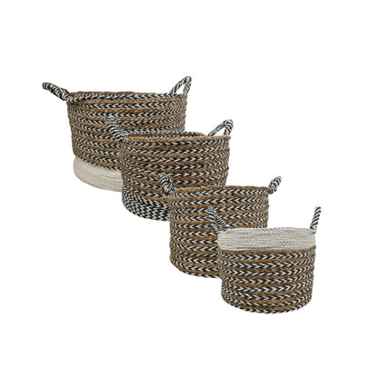 Four nested woven storage baskets made from brown, black, and white twisted rope, with a contrasting off-white woven band near the top of the larger baskets. Each basket has two loop handles on the sides, shown against a plain white background.