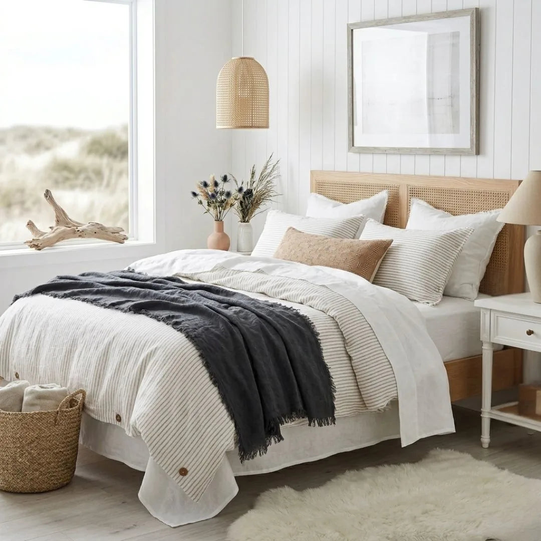 Cozy bedroom with a bed, pillows, and decorative items.