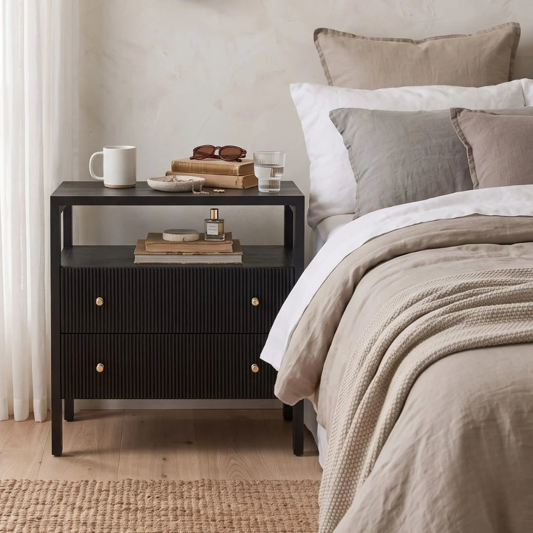 Kingscliff Modern Black Nightstand/Bedside Table Sun Republic in a styled bedroom setting.