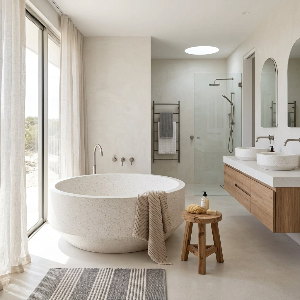A modern bathroom interior featuring a round freestanding bathtub with a draped towel, a small wooden stool, double vessel sinks on a floating wood vanity, and a glass shower enclosure in the background.