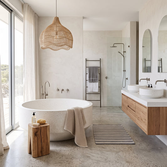 A modern luxury bathroom featuring a round freestanding white spa bathtub with a textured beige towel draped over the edge, a wicker pendant light, a floating double-sink vanity with wood cabinets, and a concrete floor.