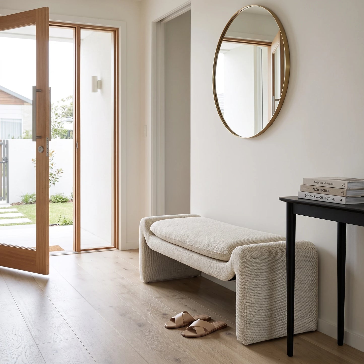 A modern upholstered entryway bench in a light beige fabric, styled in a minimalist entryway with a round gold-framed mirror, light wood flooring, and a black console table.