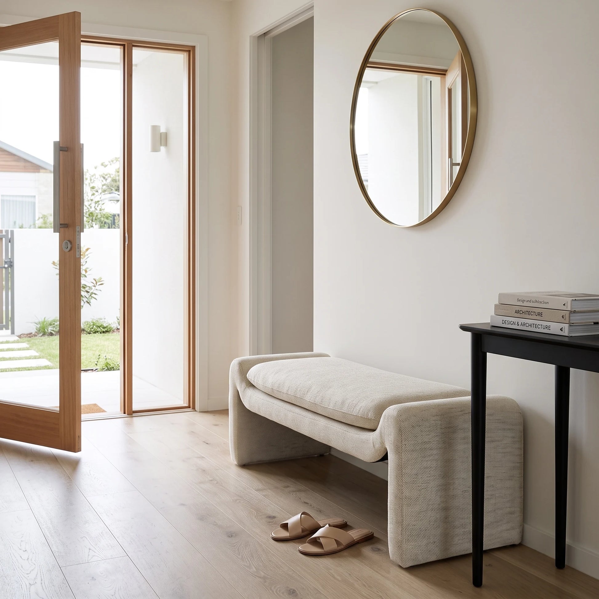 A modern upholstered entryway bench in a light beige fabric, styled in a minimalist entryway with a round gold-framed mirror, light wood flooring, and a black console table.