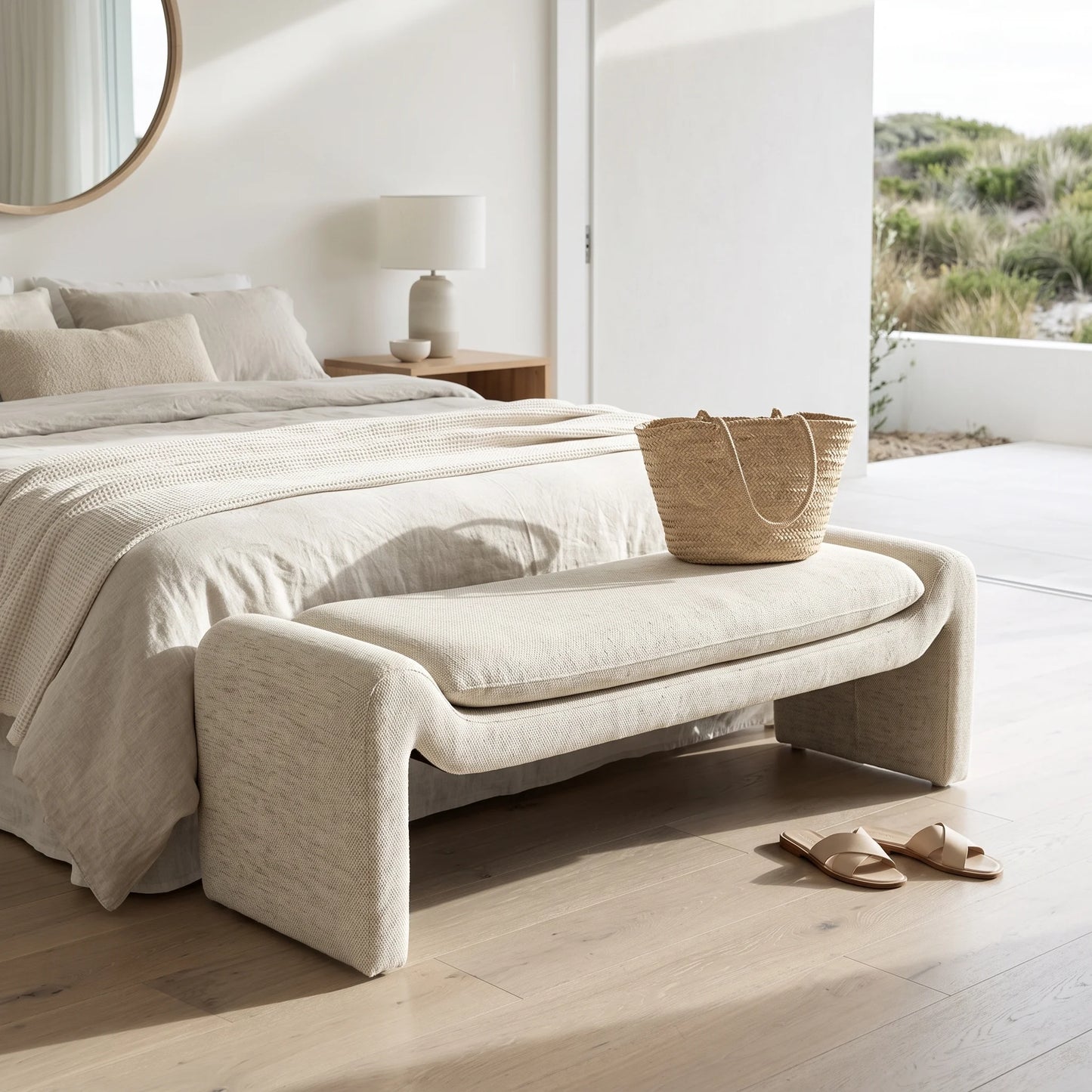 A light beige upholstered entryway bench with a thick seat cushion sits at the foot of a bed in a bright, modern bedroom. A woven straw tote bag rests on the bench, and a pair of beige slide sandals lies on the light wood floor nearby.