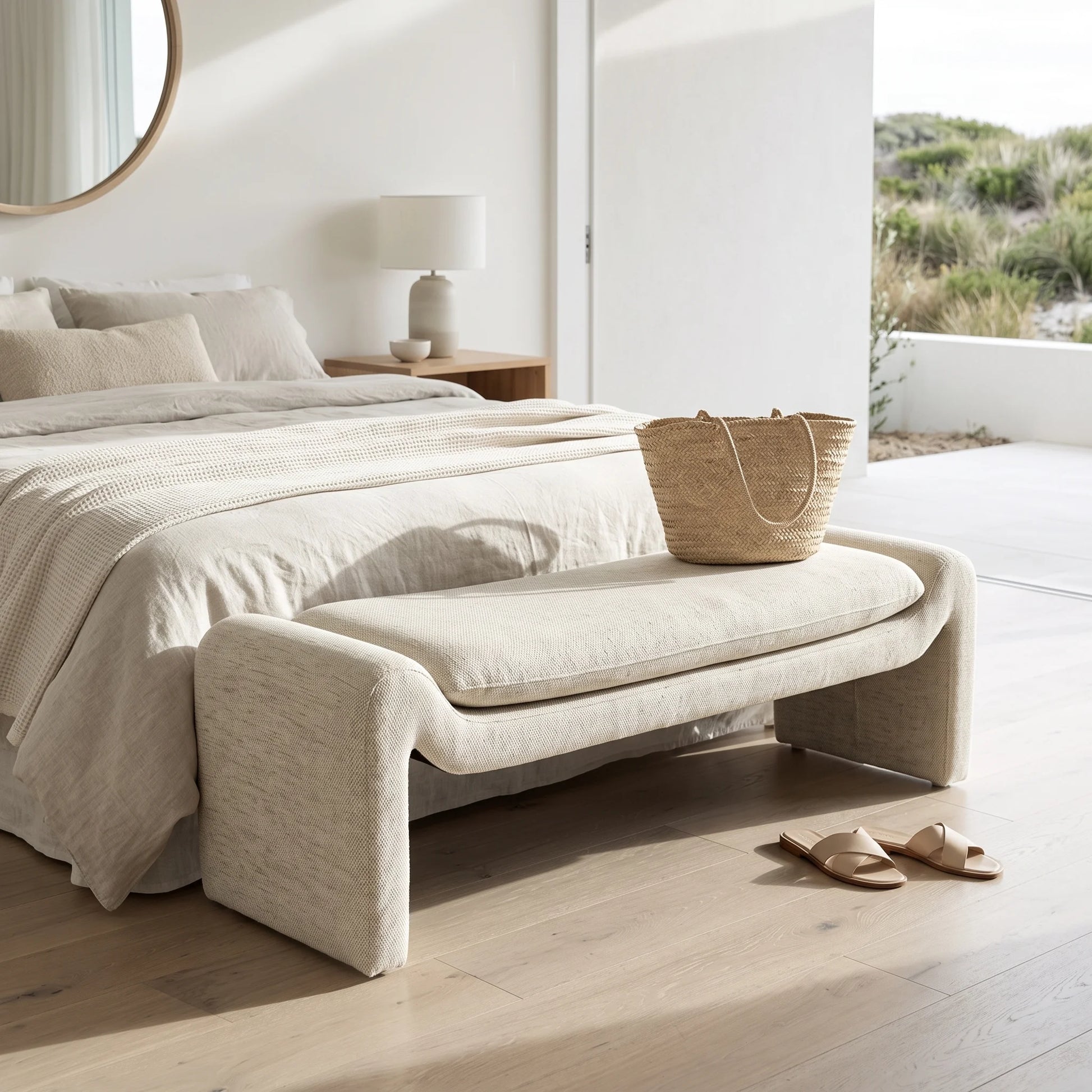 A light beige upholstered entryway bench with a thick seat cushion sits at the foot of a bed in a bright, modern bedroom. A woven straw tote bag rests on the bench, and a pair of beige slide sandals lies on the light wood floor nearby.