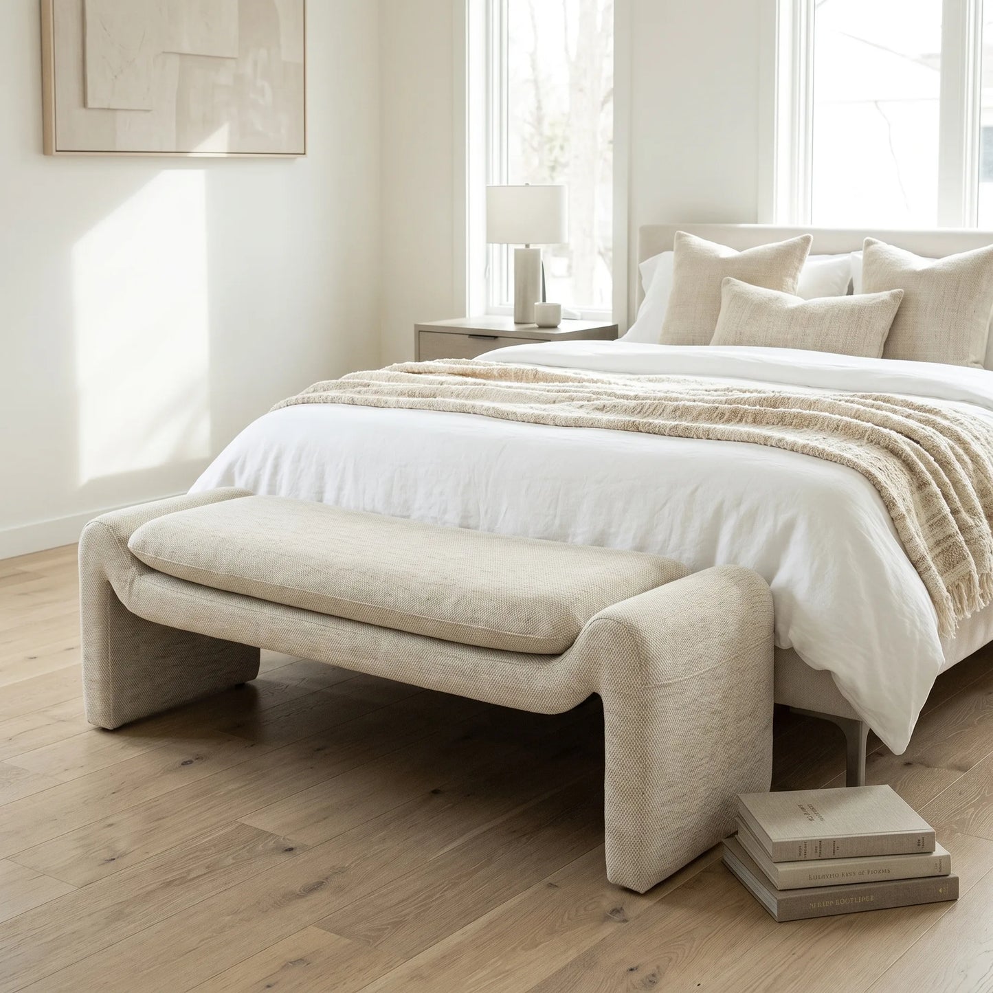A modern upholstered bed in a bright, minimalist bedroom. The bed is dressed in white linens and a textured beige throw blanket, with a matching beige upholstered bench at the foot of the bed.