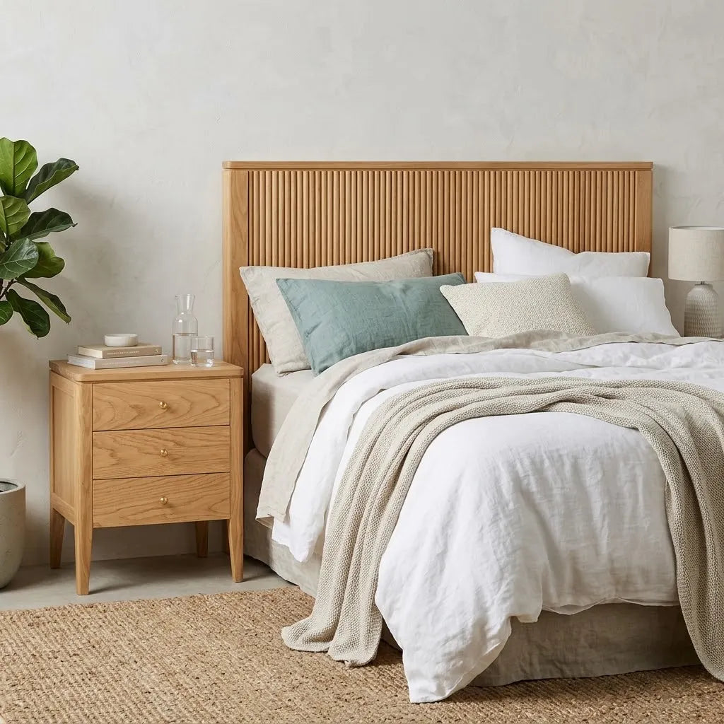 A styled bedroom scene showing a bed with white linens, a beige throw blanket, a teal pillow, and a light wood slatted headboard, alongside a matching wood nightstand and a potted plant.