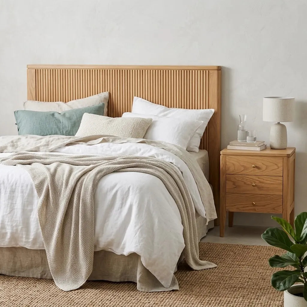 A styled bedroom scene featuring a light natural wood slatted headboard on a bed with white linens, a beige throw blanket, and accent pillows, next to a matching wood nightstand with a lamp and books.