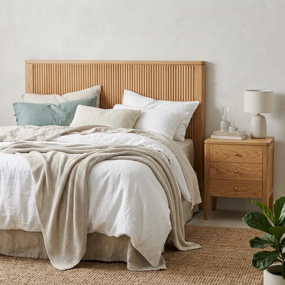 A styled bedroom scene featuring a light natural wood slatted headboard on a bed with white linens, a beige throw blanket, and accent pillows, next to a matching wood nightstand with a lamp and books.
