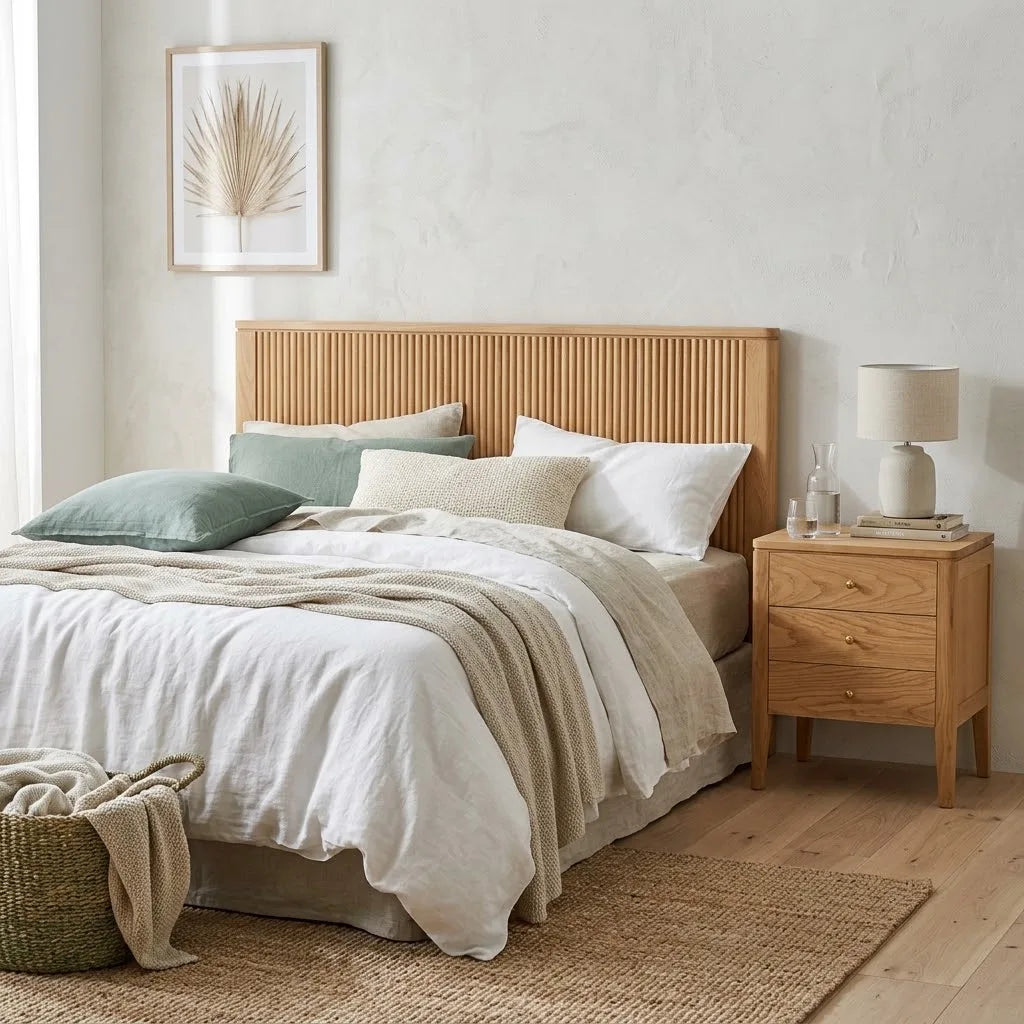 A styled bedroom scene featuring a light natural wood bed frame with a ribbed headboard, dressed in neutral-toned linens, alongside a matching wood nightstand and a textured wall.
