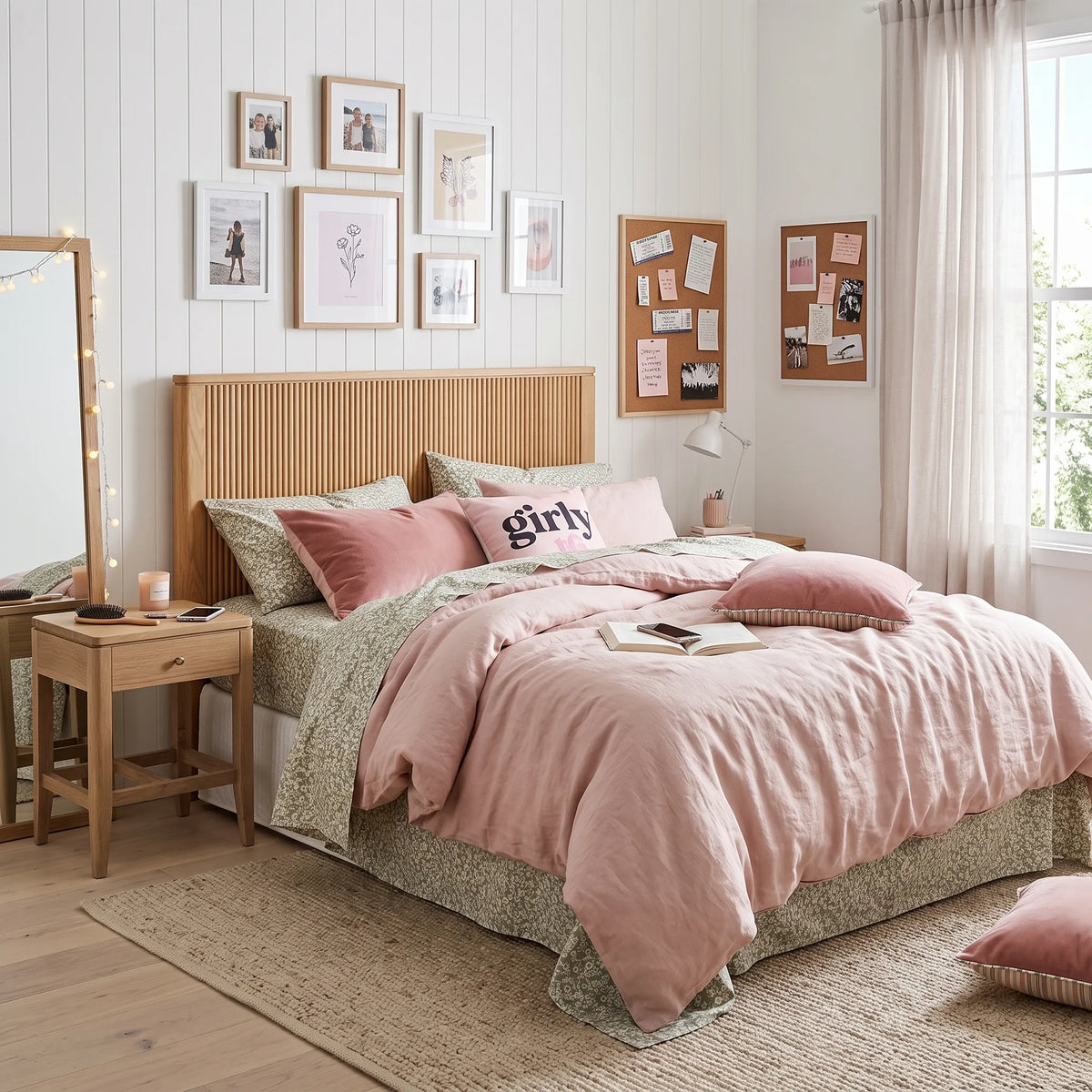 A styled bedroom scene with a bed dressed in blush pink bedding and patterned green-gray sheets, surrounded by a wooden headboard, bedside table, mirror, and wall decor. A pillow reads 'girly', and the room is lit by a window with sheer curtains.
