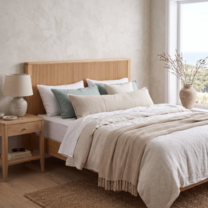 A neatly made bed in a bright, modern bedroom featuring a light wood slatted headboard, neutral beige bedding, sage green and cream pillows, a matching wood nightstand with a lamp, and a large window with a vase of branches.