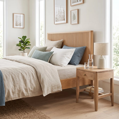 A light natural wood bed frame with a slatted headboard, styled with neutral and blue-gray pillows, in a bright, modern bedroom next to a matching wooden nightstand with a lamp.