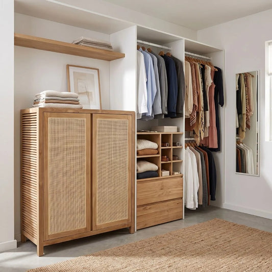 A light natural wood wardrobe with woven cane doors stands in a bright, modern walk-in closet. The closet features open shelving, hanging garments in various colors, folded textiles, and a floor mirror on a light gray floor with a woven rug.