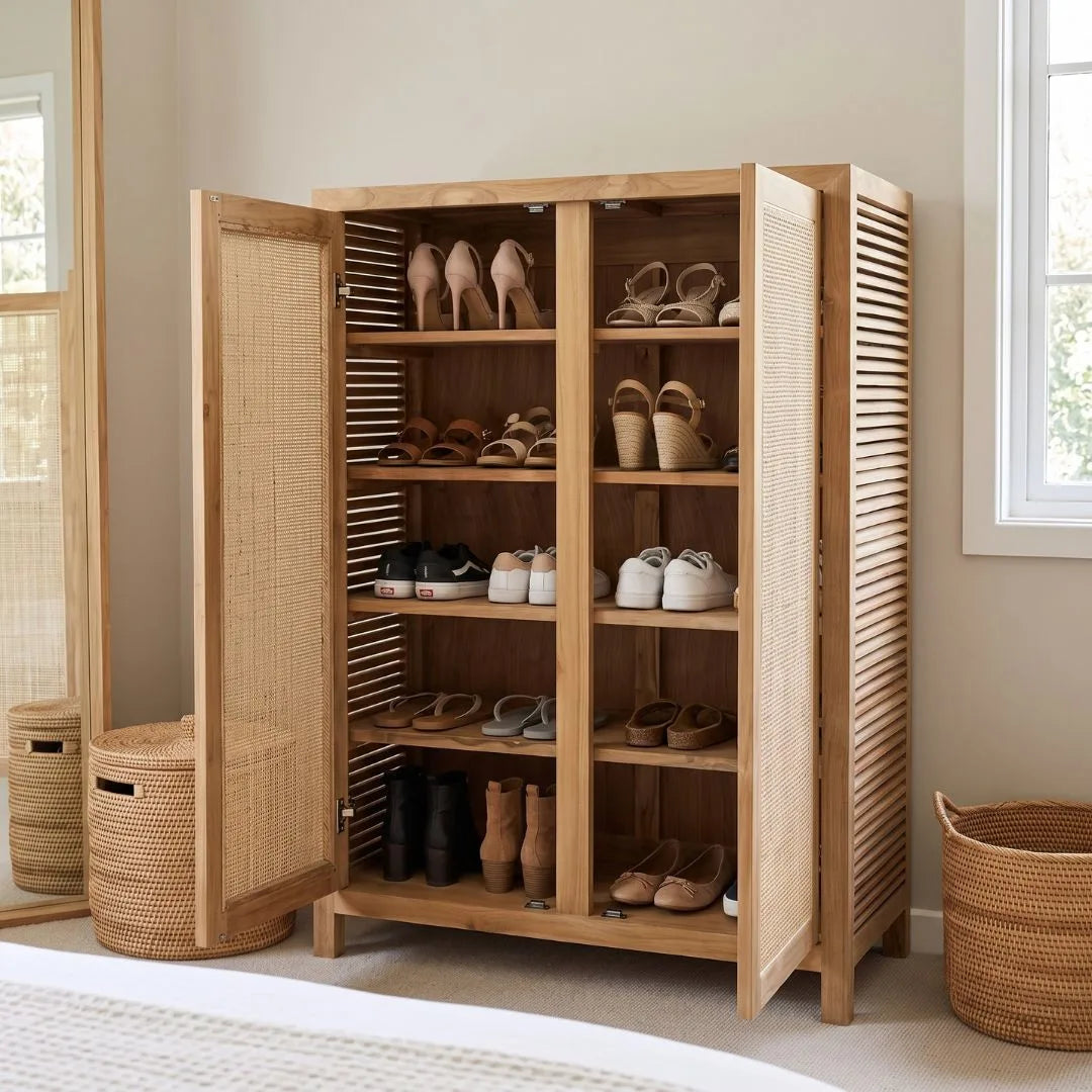 A tall wooden shoe cabinet with two open doors, featuring woven cane panels on the doors and multiple shelves for storing shoes and boots, shown in a bright, modern room.