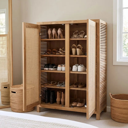 A tall wooden shoe cabinet with two open doors, featuring woven cane panels on the doors and multiple shelves for storing shoes and boots, shown in a bright, modern room.