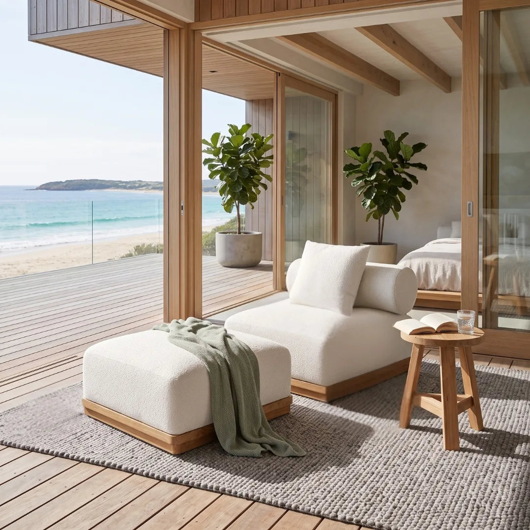 A modern outdoor lounge chair with a matching ottoman sits on a woven rug on a wooden deck, with an open beach house and ocean visible in the background. A small wooden side table with an open book is beside the chair.