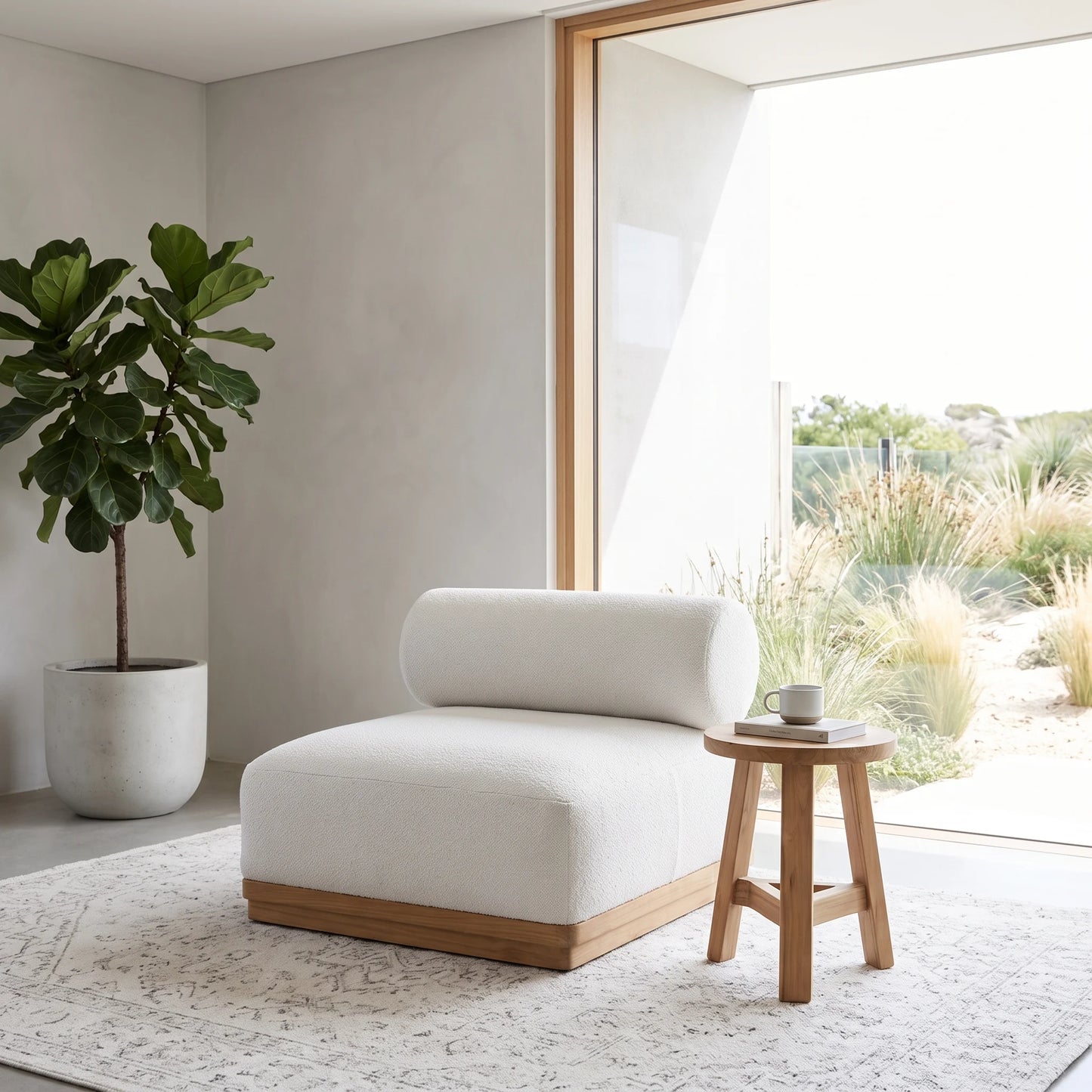 A modern low-profile chaise lounge chair with a light beige cushion and natural wood base, styled in a minimalist room next to a small wooden side table with a cup, with a potted fiddle-leaf fig plant in the background.