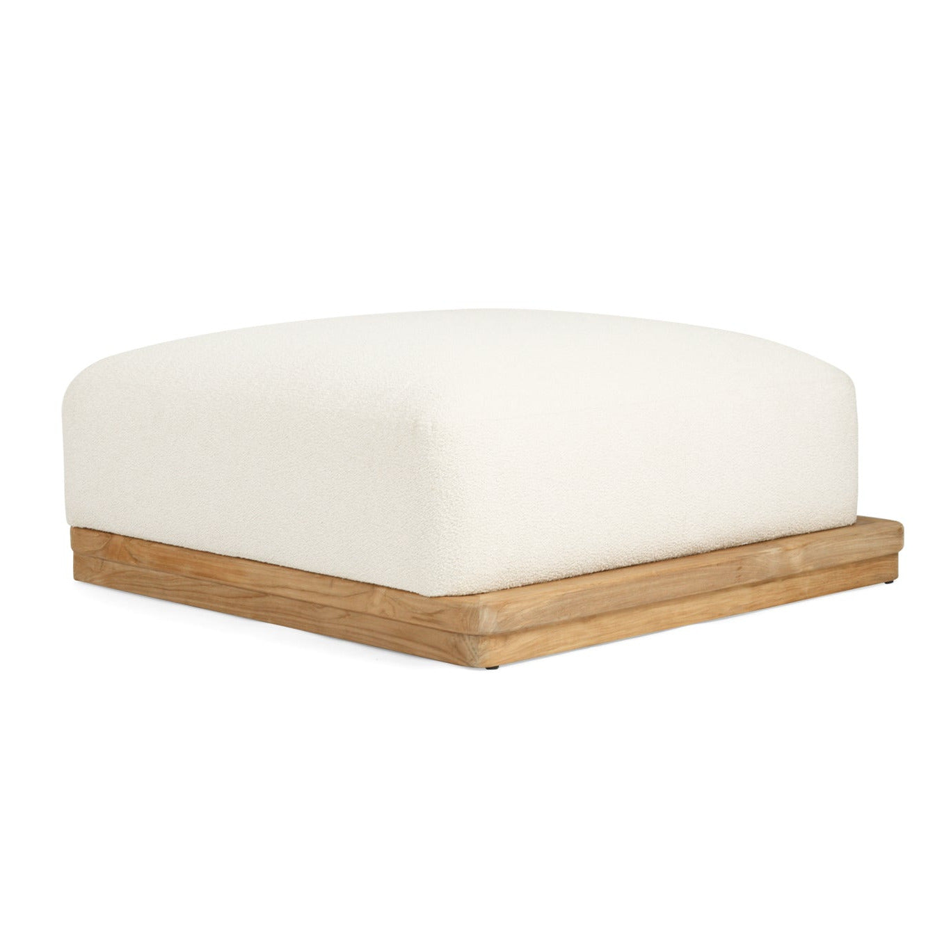 A square ottoman with a thick off-white cushion and a low natural wood base, shown on a plain white background.