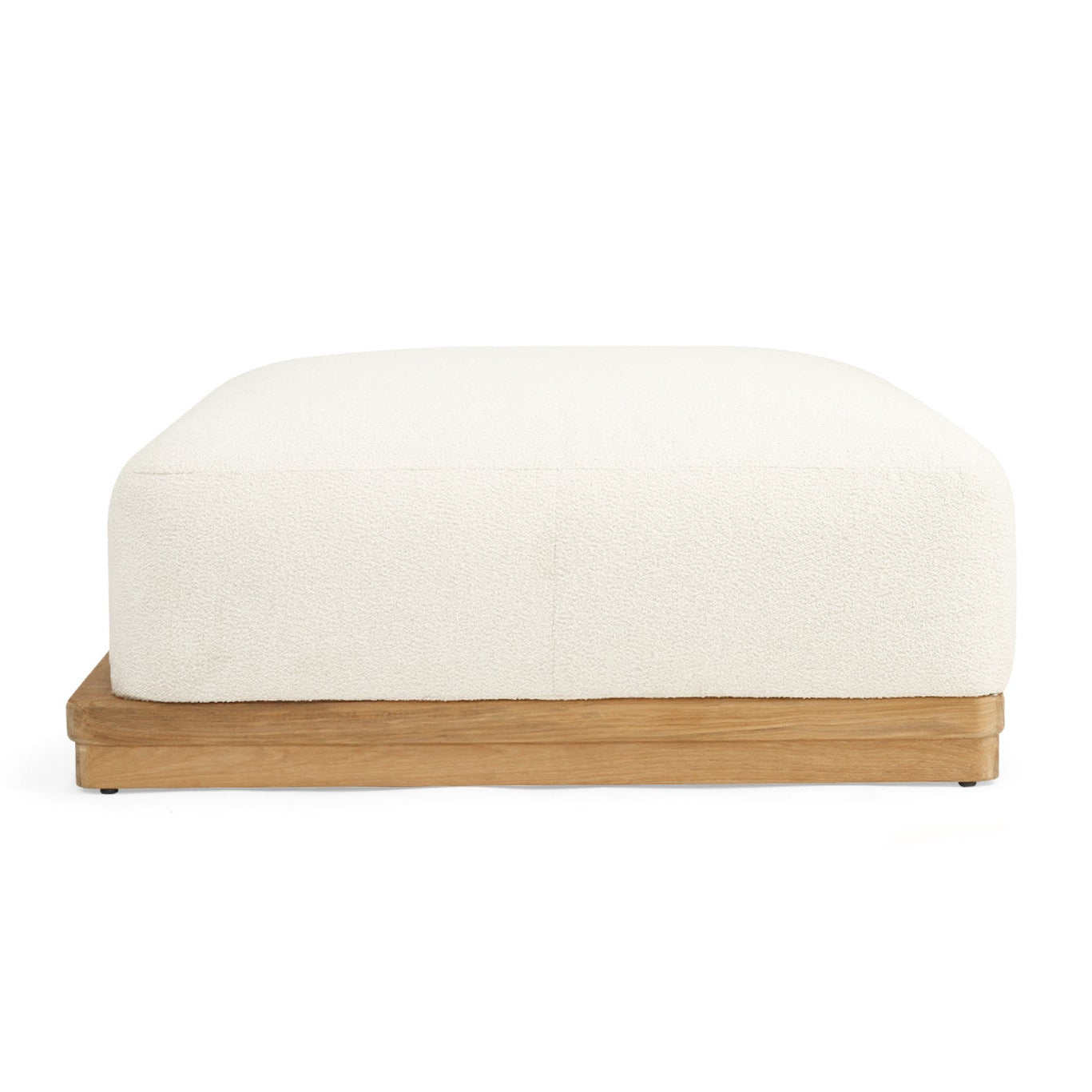 A square ottoman with a cream-colored bouclé fabric top and a natural oak wood base, shown from a front-facing perspective on a solid white background.