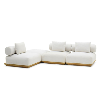 A modern modular sectional sofa with thick white cushions and light natural wood bases, shown on a clean white background.