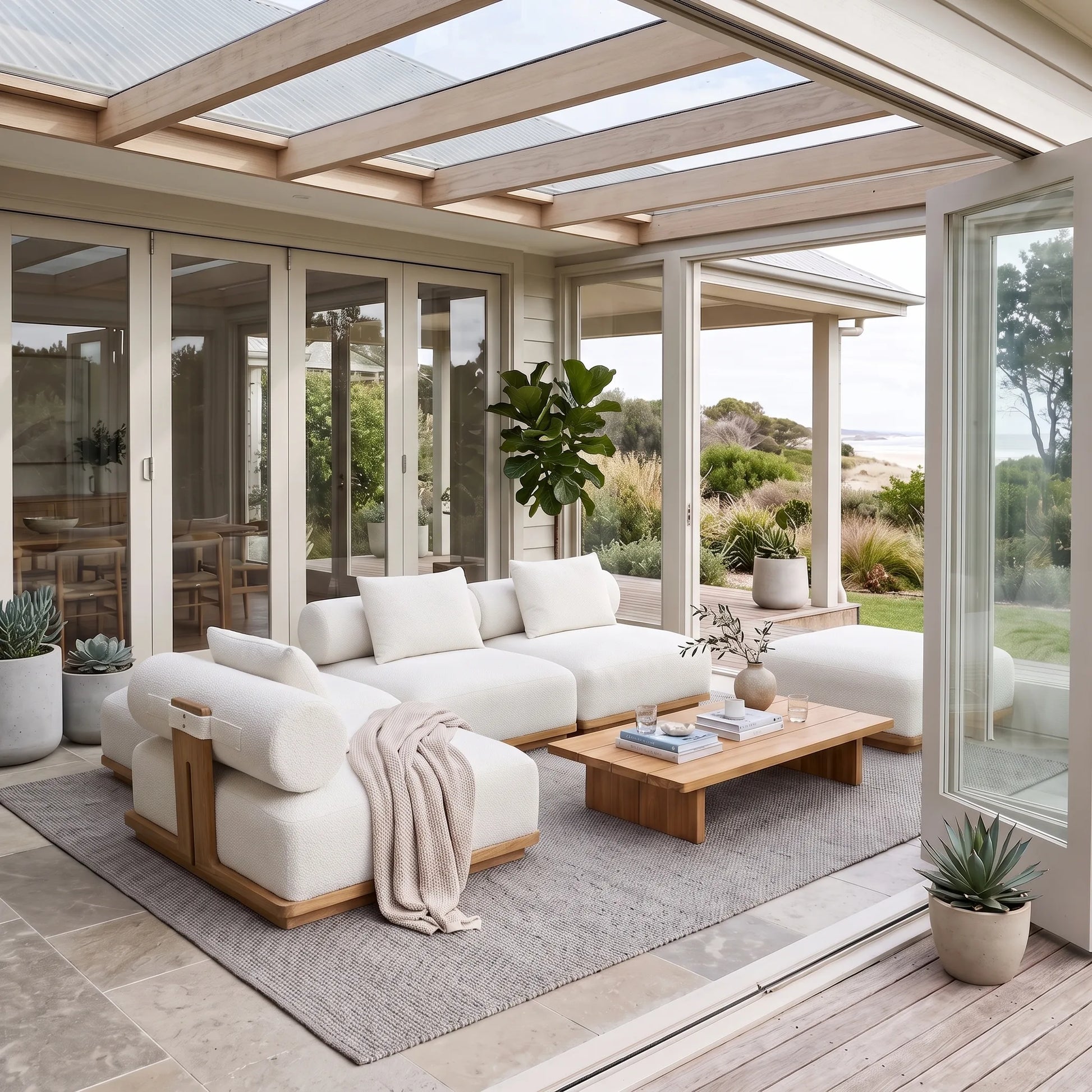 A modern outdoor living room setup under a glass-roofed wooden pergola, featuring a white sectional sofa with light wood frames, a matching ottoman, a low wooden coffee table, and a gray textured rug. The background shows a beachside lawn visible through large glass doors.