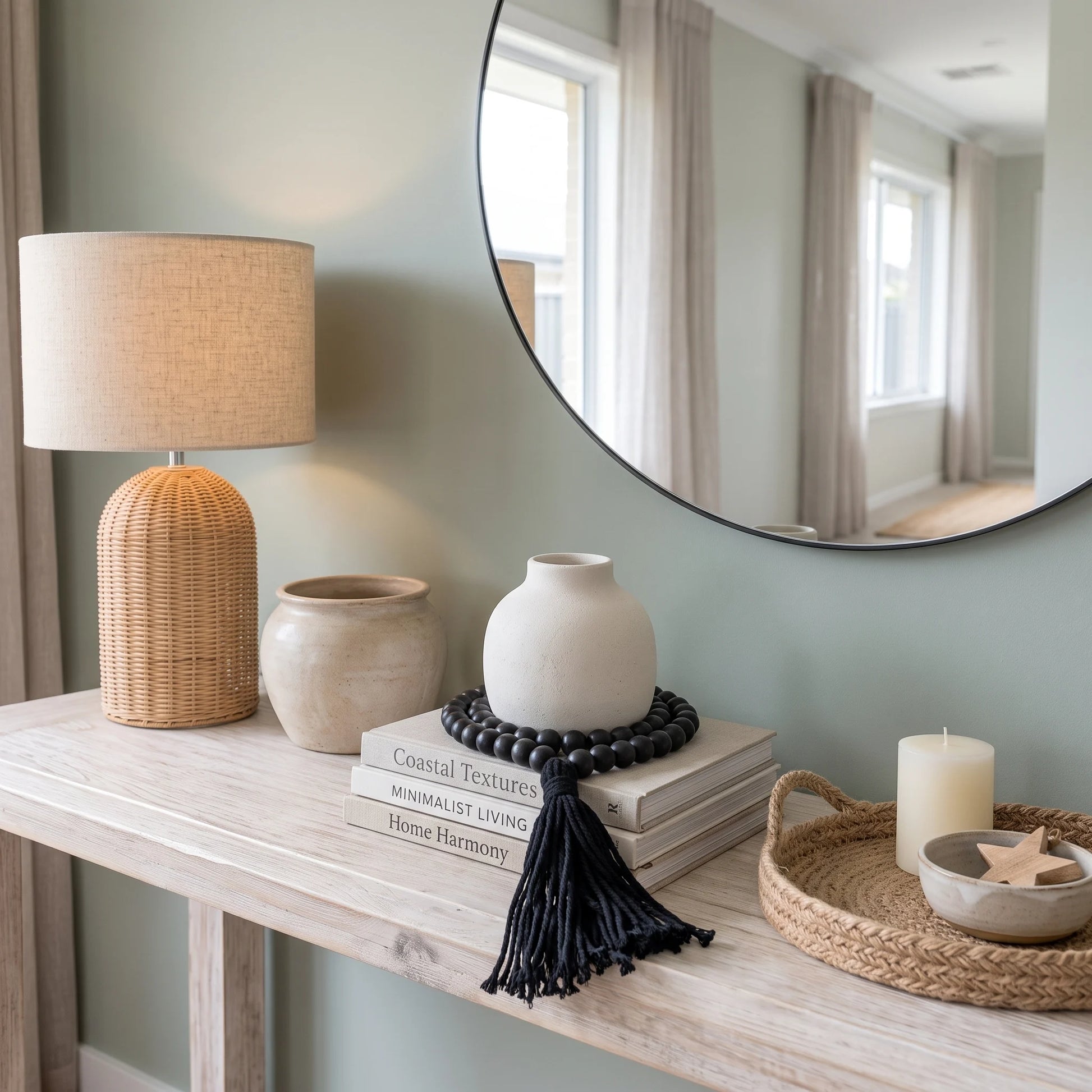 A styled interior scene showing a round wall mirror above a console table with a woven lamp, ceramic vases, books, a black tassel, candles, and a woven tray against a sage green wall.
